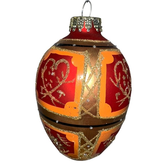 Vtg Glass Hand Painted Egg Shaped Christmas Ornament Red Gold Glitter‎ Abstract - Picture 2 of 7